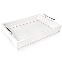 Modern White Decorative Tray - Engineered Wood Tray with Silver Metal Handles - 16.4x12.2x3.2 inches - Versatile Serving Tray for Coffee, Food, Home Organization & Occasions