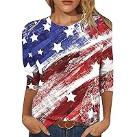 GRASWE Womens American Flag Crew Neck Sweatshirt Independence Day Star Stripe Graphic Shirt Patriotic 3/4 Sleeve Tops