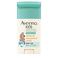 Kids Continuous Protection Zinc Oxide Mineral Sunscreen Stick for Sensitive Skin, Face & Body Sunscreen Stick for Kids with Broad Spectrum SPF 50, Sweat- & Water-Resistant, 1.5 oz