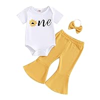 Baby Girl 1st Birthday Clothes First Trip Around The Sun Romper Bell Bottom Pants 3Pcs Cake Smash Outfit Set