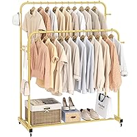 Double Rods Garment Rack with Wheels, Clothing Rack for Hanging Clothes,4 Hooks, Multi-Functional Bedroom Clothes Rack, Gold