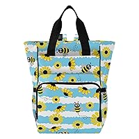 Bee Flowers Stripe Diaper Bag Backpack for Dad Mom Large Capacity Baby Changing Totes with Three Pockets Multifunction Maternity Travel Bag for Travelling Shopping