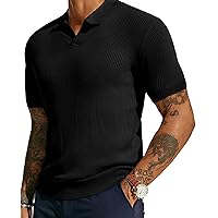 Mens Polo Shirts Short Sleeve Casual V Neck Ribbed Textured Knit Polo Shirt