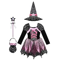 CHICTRY Girls Deluxe Witch Halloween Cosplay Set Shiny Sequins Magic Tutu Dress with Candy Bag Hat Party Fancy Dress up