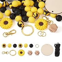Pandahall 66Pcs Sunflower Silicone Beads Round Rubber Beads with Octagon with Eye Wood Beads Key Rings Lobster Claw Clasps Elastic Cord for Keychain Wristlet DIY Jewelry Making