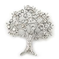 Clear Crystal 'Tree Of Life' Brooch In Rhodium Plating - 52mm Length