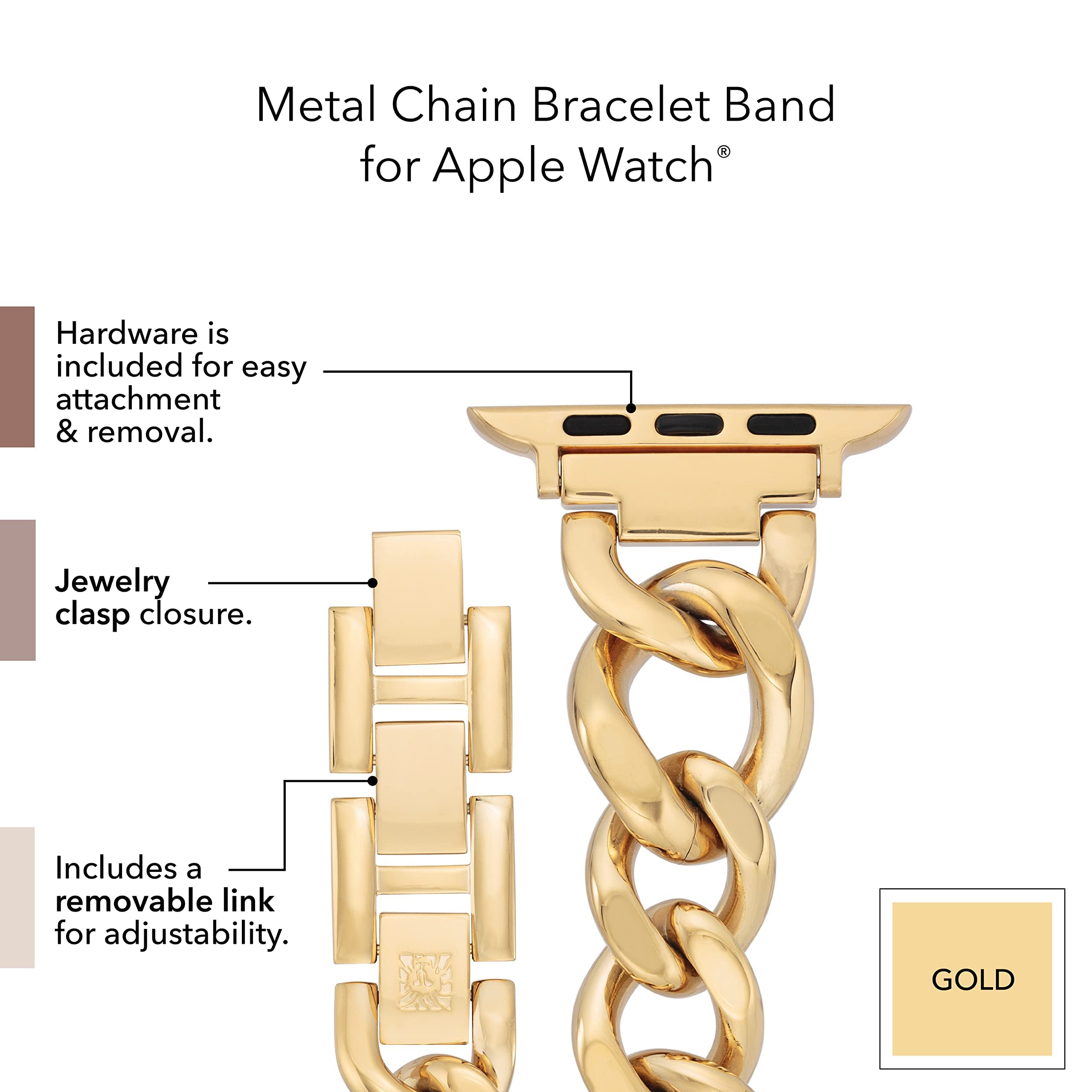 Anne Klein Fashion Chain Bracelet for Apple Watch, Secure, Adjustable, Apple Watch Replacement Band, Fits Most Wrists