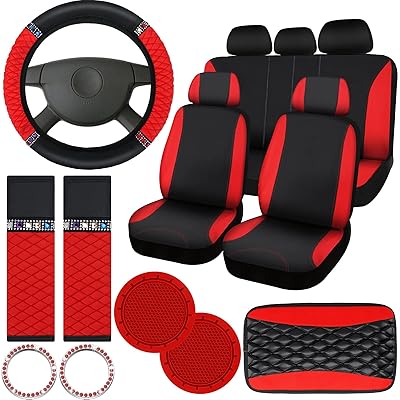 17 Pcs Bling Car Accessories Set for Women, Seat Covers Leather Steering  Wheel Cover, Seat Belt Shoulder Pad Armrest Cup Holders Covers, Full  Crystal