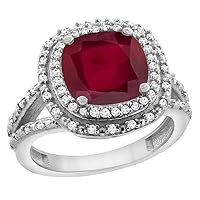 Sabrina Silver 10K White Gold Diamond and Enhanced Genuine Ruby Ring Cushion-Cut 8x8 mm, Sizes 5-10