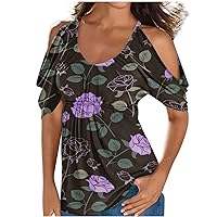 Womens Cold Shoulder Vintage Flower Tops Summer Elastic Waist Crewneck Short Sleeve Trendy Casual Babydoll Shirts