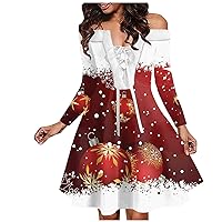 Women's Christmas Dresses Fashion Casual One Shoulder Retro Printed Plush Party Long Sleeved Dress, S-2XL