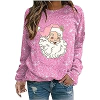 Women's Ugly Christmas Pullover Tops for Holiday Scoop Neck Santa Claus Snowflakes Pink Shirt Long Sleeve Baggy Sweater