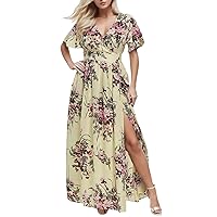 Plus Size Womens Floral Summer Dress 2024 Vacation Casual Wrap V Neck Short Sleeve Empire Waist Beach Bohemian Maxi Dress