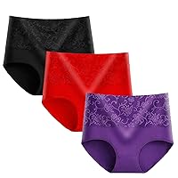 3PC Women's Cotton Underwear High Waisted Tummy Control Briefs Lace Rose Jacquard Panties 3 Pack Full Coverage Briefs