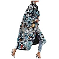 Women's Colorful Geometric Abstraction Print Long-Sleeve Trench Coat Open Front Soft Winter Kimono Fleece Jacket