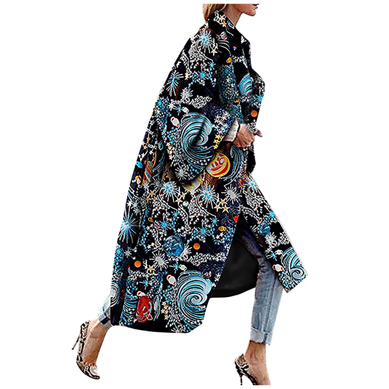 LATINDAY Women's Colorful Geometric Abstraction Print Long-Sleeve Trench Coat Open Front Soft Winter Kimono Fleece Jacket