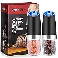 VIGOR PATH Electric Salt and Pepper Grinder Set with Adjustable Coarseness, Battery-Powered LED Light, One-Hand Automatic Operation (Black)