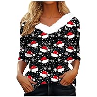 Christmas Shirts for Women,2023 Fall Cute Xmas Fur V Neck Tops Casual Long Sleeve Blouse Trendy Loose Fit Shirts
