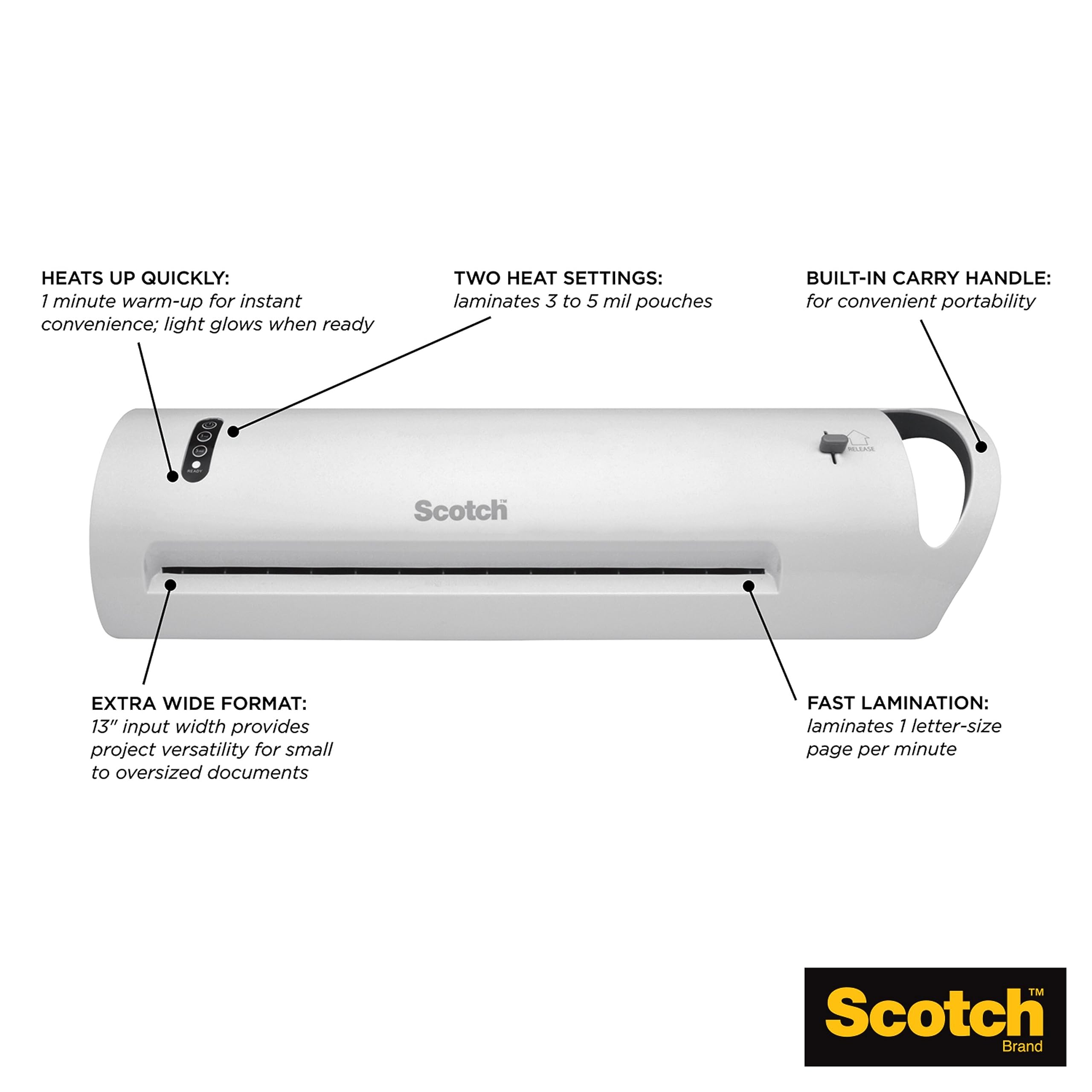 Scotch Thermal Laminator with 20 Letter Size Pouches, Extra Wide 13 Inch Input, Ideal for Teachers, Small Offices, or Home (TL1302XVP),White