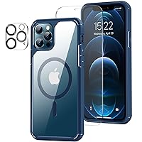 Magnetic Case Designed for iPhone 12 Case/iPhone 12 Pro Case [Compatible with MagSafe] with Screen Protector and Camera Lens Protector Anti Scratch Phone Case (Blue)
