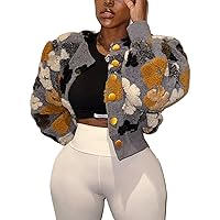 Flygo Women's Cropped Floral Print Fleece Bomber Jacket Puff Sleeve Button Down Varsity Coat Outerwear