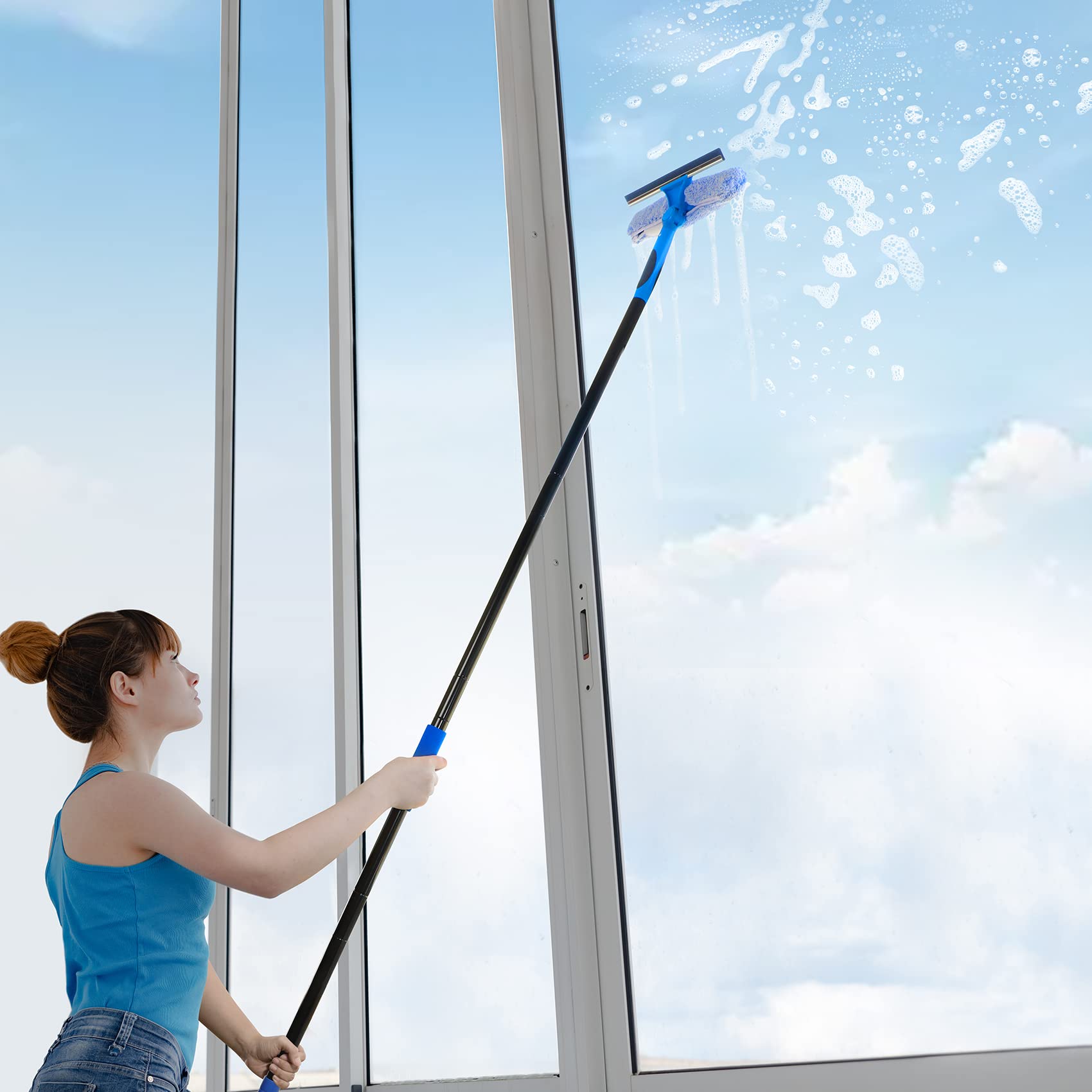 VITEVER Professional Window Squeegee Cleaner Tool with Extension Pole | 2-in-1 Window Squeegee with Scrubber Cleaning Kit