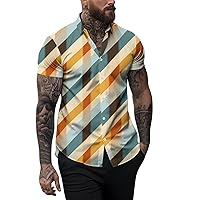 Men's Casual Shirts Short Sleeve Button Down Shirts Fashion Plaid Printed Summer Beach Shirt with Lapel