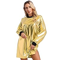 Women's Shiny Holographic Metallic Bodycon Mini Dress Long Sleeve Party Disco Dress Tee Top