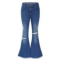 CHICTRY Girls Bell Bottom Jeans Casual Ribbed Flare Jeans Elastic Waist Fitted Denim Long Pants