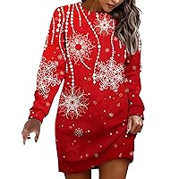 Silk Dress,Womens Easter Snowflake Print Round Neck Long Sleeve Casual Dress Womens Fitted