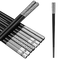 Metal Chopsticks Reusable 18/8 Stainless Steel Chopsticks Laser Engraved Premium Titanium Chop Sticks Dishwasher Safe Lightweight Japanese Korean Chopsticks 5 Pairs Gift Set (Black)
