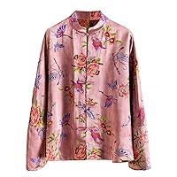 Women Blouse Silk Floral Pattern Pleated Printed Mock Neck Long Sleeve Hand Button Pink Retro Top 110