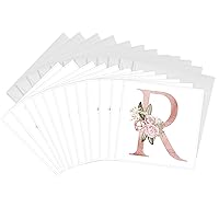 3dRose Greeting Cards - Pretty Pink Floral and Babies Breath Monogram Initial R - 12 Pack - Floral Monograms