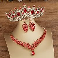 hair jewelry crown tiaras for women Crystal Bridal Jewelry Sets Baroque Wedding Headband Wedding Dubai Jewelry Set Rhinestone Tiaras and Crowns (Metal color : 3PCS Set Red)