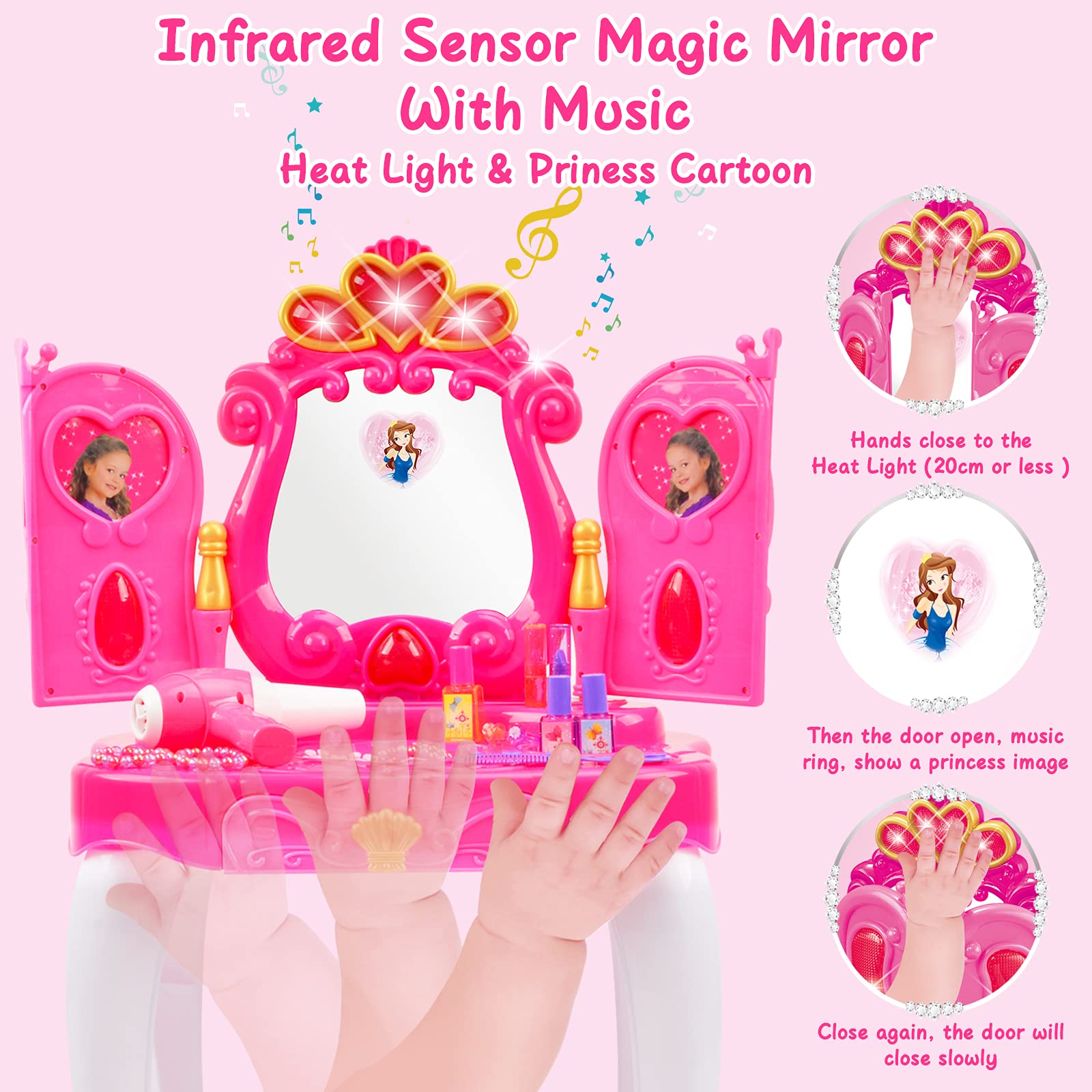 Ylovetoys Kids Vanity Makeup Table for Little Girl, Toddler Princess Vanity Play Toy Set with Mirror and Stool, Lights, Music Sound, Beauty Fantasy Dress Up Set, Gift for Little Girls 3-5 Years Old