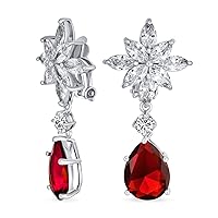 Bridal Art Deco Style Cluster Floral AAA CZ Red Or Black Statement Dangle Teardrop Chandelier Clip On Earrings For Women Simulated Ruby Onyx Silver Plated