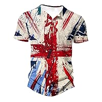 Plus Size Henley Shirts Mens Britain Flag Print Patriotic T-Shirt Summer Short Sleeve Button V Neck Hipster Tops