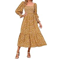 Women Fall Dresses 2023 Casual Square Neck Puff Long Sleeve Dress Smocked Floral Flowy Maxi Dress Maternity Cocktail Dress