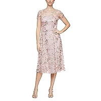 S.L. Fashions Women's Tea Length Cap Sleeve Illusion Neckline Embroidered Lace Dress