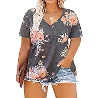 RITERA Plus Size Women's Short Sleeve Loose Casual V-Neck Floral T-Shirt Tops Flowers B 5XL