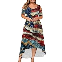 Womens Plus Size Dresses 4th of July Outfits for Women American Flag Crew Neck Cold Shoulder Sleeve Flowy Summer Dress
