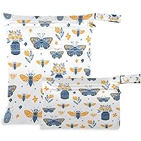visesunny Butterfly Bee Flower 2Pcs Diaper Changing Totes Wet Bags with Zippered Pockets Washable Reusable Roomy Cloth Diaper for Travel,Beach,Daycare,Stroller,Dirty Gym Clothes,Wet Swimsuits,Toiletri