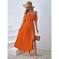 Women's Dress Dresses for Women Off Shoulder Ruched Bust Dress Without Belt (Color : Orange, Size : Medium)