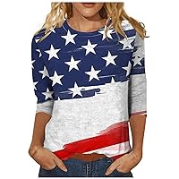 Womens Tops 3/4 Sleeve Independence Day American Flag Patriotic Shirts Casual Stars Stripes Print Round Neck Top