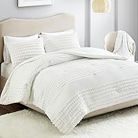 Comfort Spaces Cotton Comforter Set Jacquard Pom-Pom Tufts Design, Down Alternative, All Season Modern Bedding, Matching Shams, Full/Queen, Phillips, Ivory