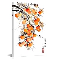 Canvbay Asian Wall Art Traditional Chinese Ink Style with 'May everything go as you wish' Quote Canvas Prints Persimmon on Branch Painting Pictures Oriental Poster Framed for Home Decor 24x36inch