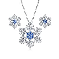 Holiday Party Winter Flower Christmas Jewelry Set Ice Blue CZ Accent Branch Snowflake Pendant Necklace Stud Earring For Women Teens .925 Sterling Silver