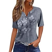 Short Sleeve Tops for Women Fashion Casual Vintage Printed V-Neck Decorative Button T-Shirt Top