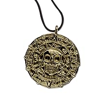 MASTER USA - COIN - Coin Necklace, Antique Gold Alloy Metal Medallion, Includes Black Nylon Neck Cord, Perfect for Cosplay, Pirates, Caribbean, Aztec, Skull, Fantasy - COIN, Small