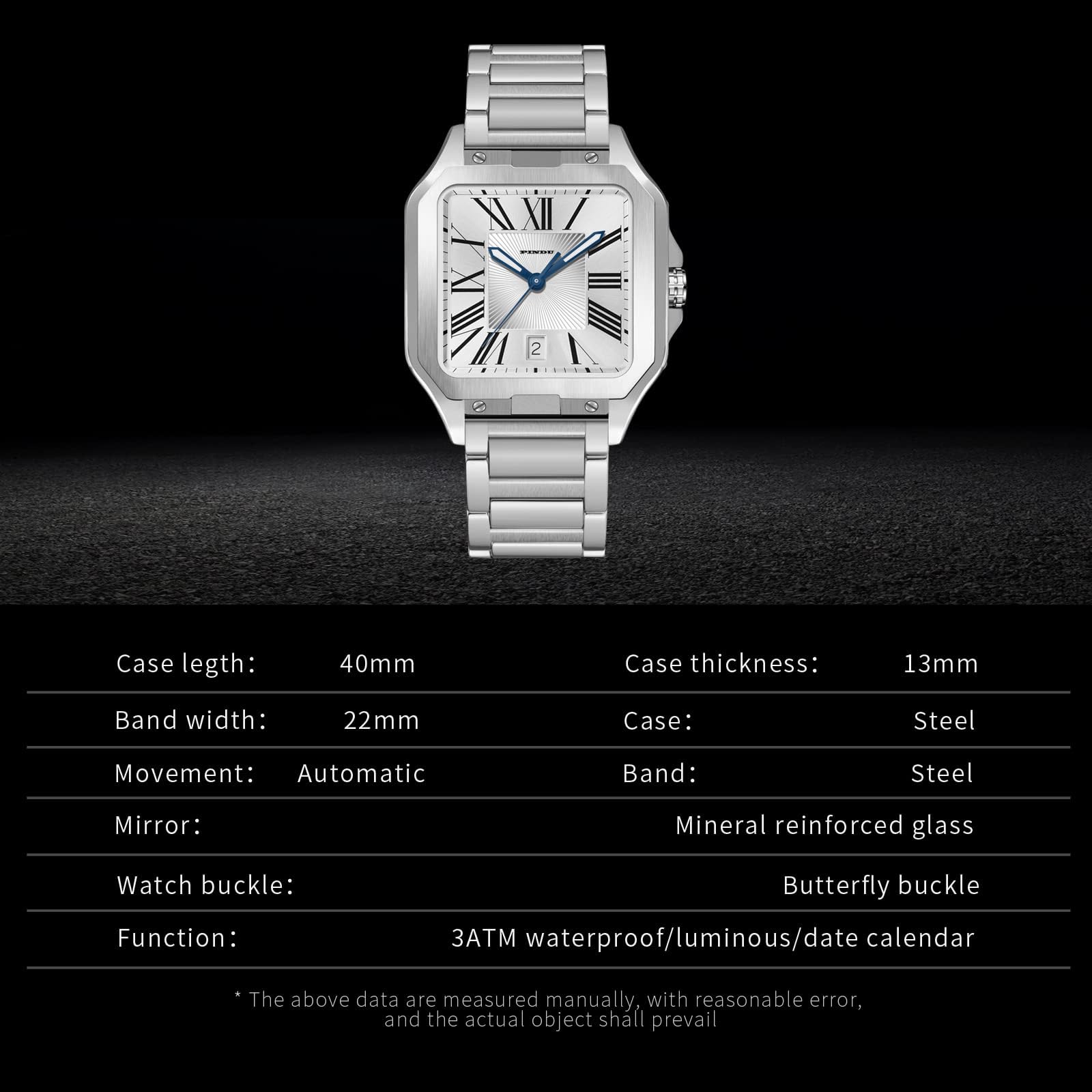 PINDU Automatic Watches for Men, Tank Business Dress Watch Square Mechanical Watch Mens Watches Simple and Easy to Read
